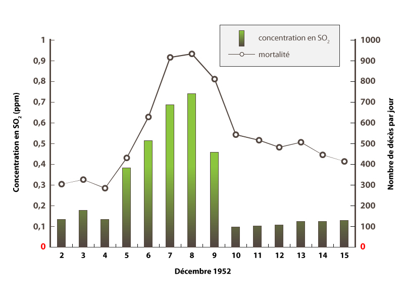 Lors des 15 premiers jours du mois de décembre 1952, les concentrations de dioxyde de soufre augmentent progressivement de 0,3 ppm pour atteindre un pic à 0,9 ppm le 8 décembre. Elles redescendent ensuite doucement. On constate que le nombre de décès par jour est corrélé à la concentration en SO2. Lors de la phase montante du pic, on passe de 300 à 900 décès par jour.